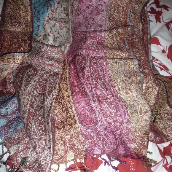 pashmina Accessories - PASHMINA 100% Cashmere Burgundy /Multicolored Neck Scarf with Fringe